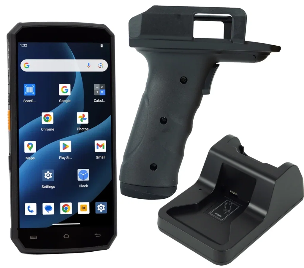 Terminal d'entrepôt avec scanner de codes QR et Android 15 en kit avec support GUN et station d'accueil