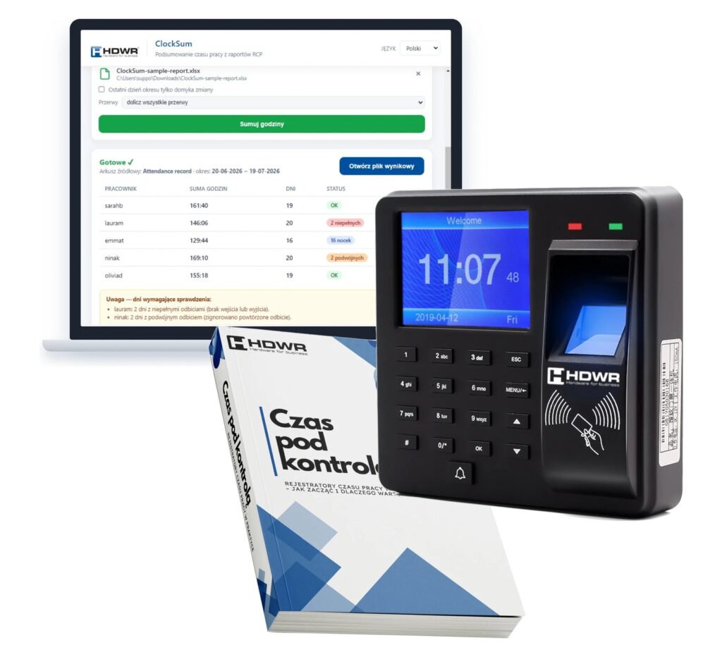 Rejestrator czasu pracy CTR10 w zestawie z e-bookiem „Czas pod kontrolą” i programem ClockSum