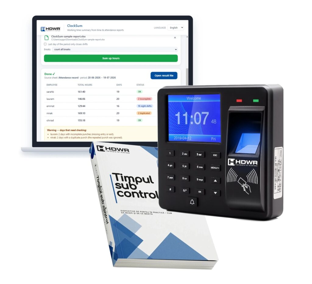 Dispozitiv de pontaj CTR10 în set cu e-book-ul „Timpul sub control” și programul ClockSum
