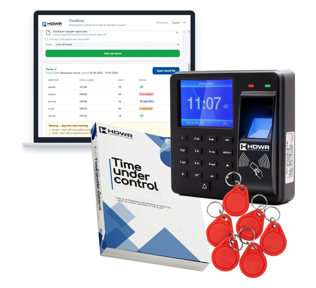 Darbo laiko registratorius CTR10 su 10 RFID raktų pakabukų, el. knyga „Time under control“ (anglų k.) ir programa ClockSum