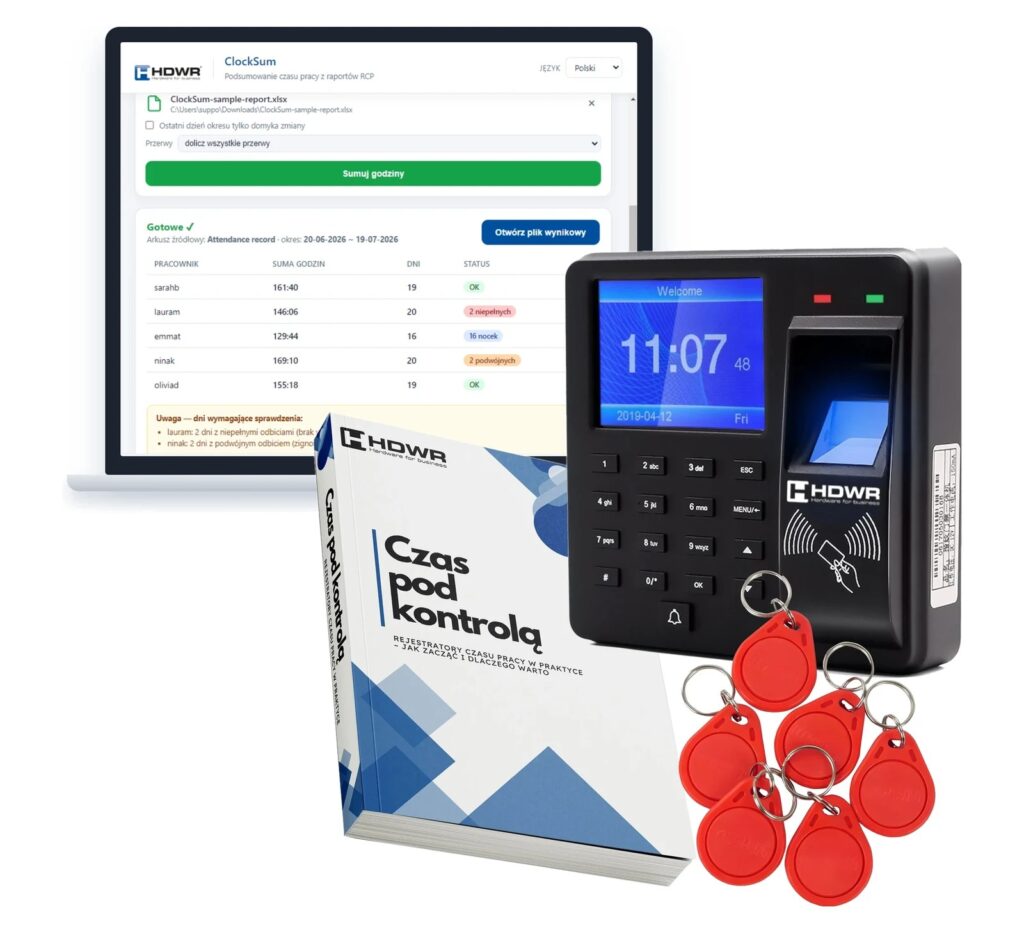 Rejestrator czasu pracy CTR10 z 10 brelokami RFID, e-bookiem „Czas pod kontrolą” i programem ClockSum
