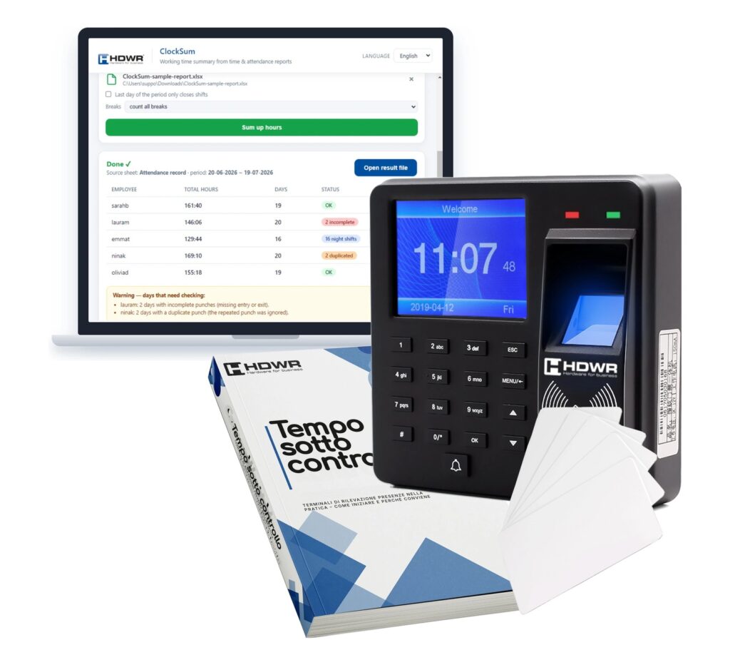 Terminale rilevazione presenze CTR10 con 15 tessere RFID, l’e-book «Tempo sotto controllo» e il software ClockSum