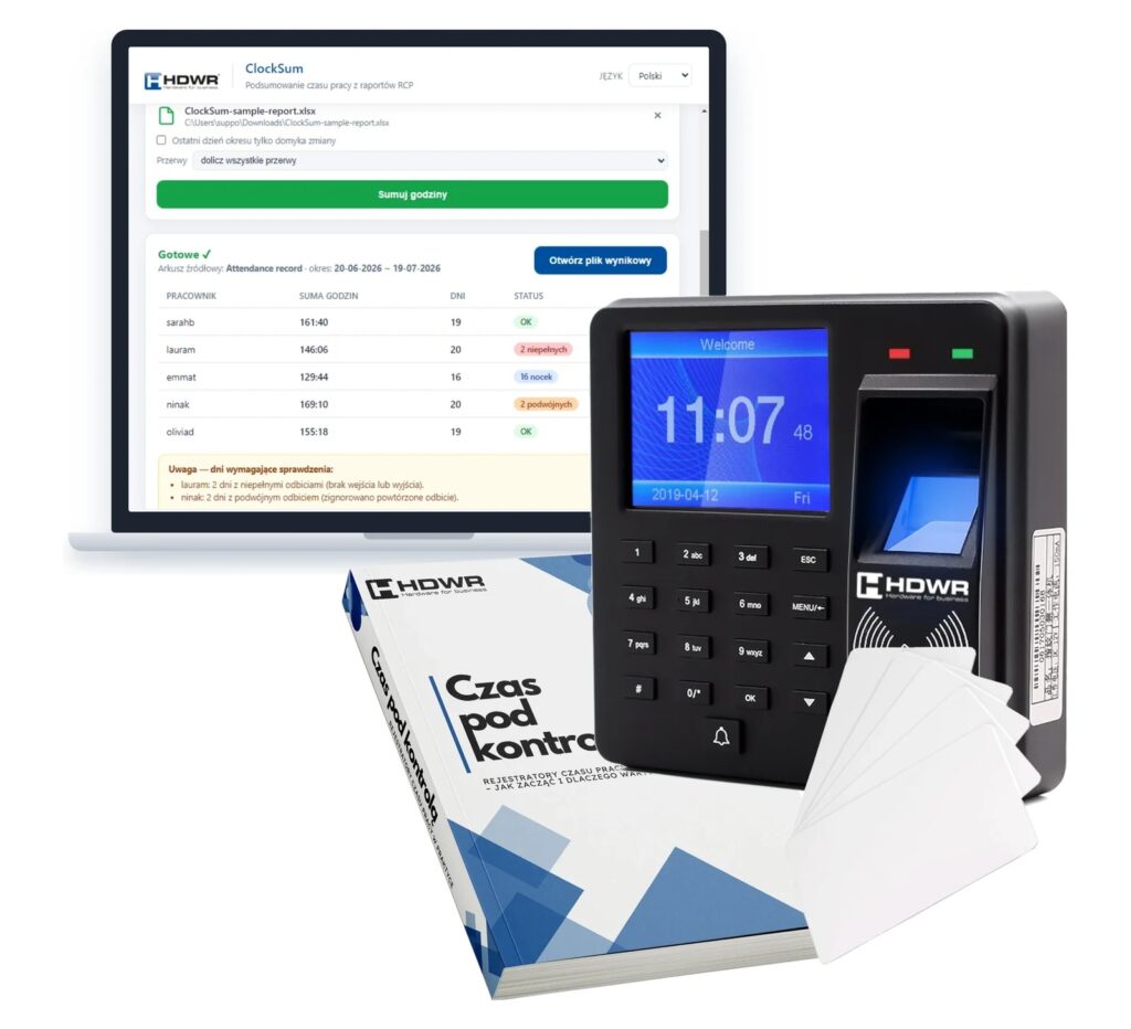 Rejestrator czasu pracy CTR10 z 15 kartami RFID, e-bookiem „Czas pod kontrolą” i programem ClockSum