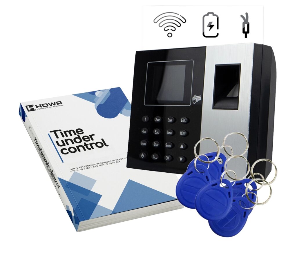 Pointeuse TimeLok-300 avec 15 porte-clés RFID et l’e-book « Time under control » (en anglais)