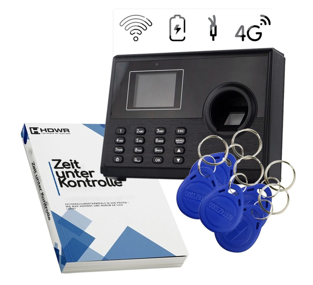 Zeiterfassungsgerät TimeLok-400 mit 15 RFID-Schlüsselanhängern und dem E-Book „Zeit unter Kontrolle“