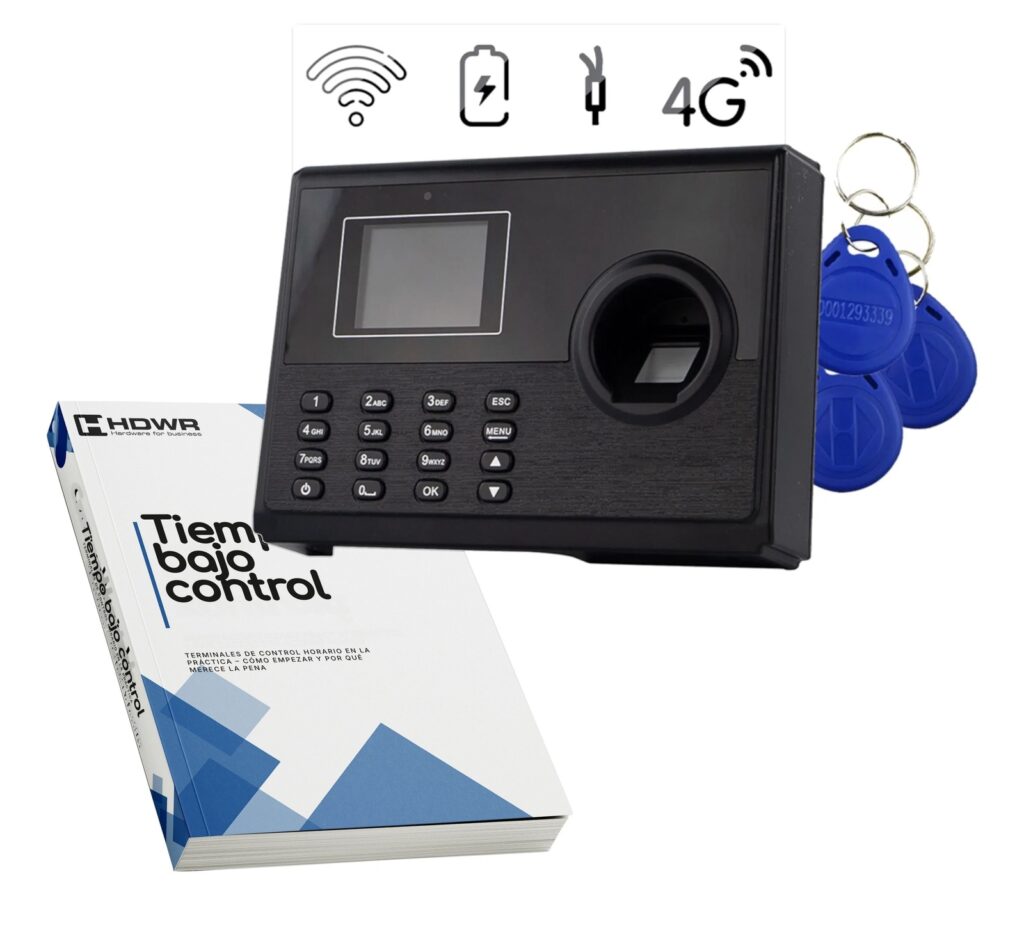 Registrador de jornada TimeLok-400 con 10 llaveros RFID y el e-book «Tiempo bajo control»