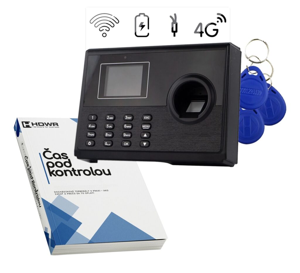 Dochádzkový terminál TimeLok-400 s 10 RFID kľúčenkami a e-knihou „Čas pod kontrolou“